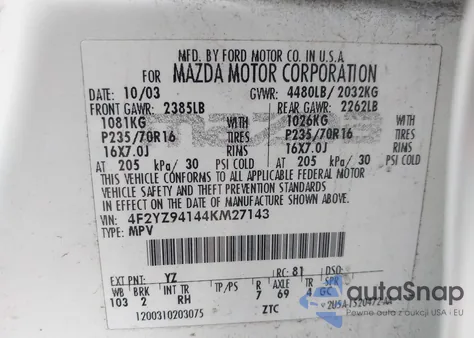 2004 Mazda Tribute Lx V6 из США, поврежденный, VIN 4F2YZ94144KM27143